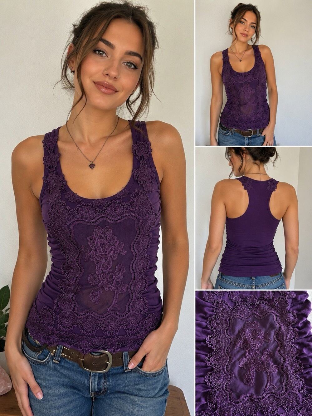 Arden B Purple Lace Embroidered Ruched Racerback Tank Top M